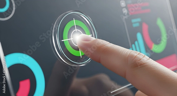 Obraz Finger touching a green target icon on a screen with charts and circular graphs isolated on white background, tarensparent background, png, jpg,jpeg,  on transparent background