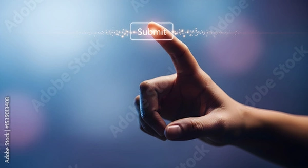 Obraz A hand pressing a virtual submit button on a blurred blue and purple background isolated on white background, tarensparent background, png, jpg,jpeg,  on transparent background