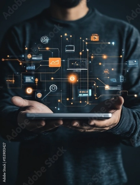 Obraz Man holding digital SEO optimization interface showcasing search engine marketing strategies, website traffic growth and link building.