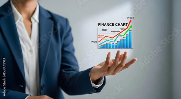 Obraz Person in suit presenting a finance chart with rising profit and investment roi isolated on white background, tarensparent background, png, jpg,jpeg,  on transparent background