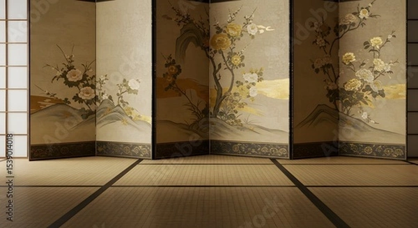 Fototapeta Stylized Japanese Tatami and Folding Screens – Elegant Designs Featuring Traditional Art Motifs, Delicate Patterns, and the Timeless Beauty of Historical Aesthetics