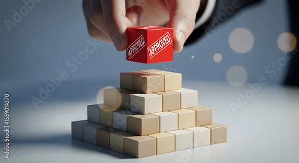 Obraz Hand placing approved red cube on top of pyramid made of neutral colored blocks isolated on white background, tarensparent background, png, jpg,jpeg,  on transparent background