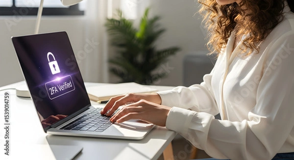 Obraz Woman typing on laptop with two factor authentication verified on the screen shown isolated on white background, tarensparent background, png, jpg,jpeg,  on transparent background