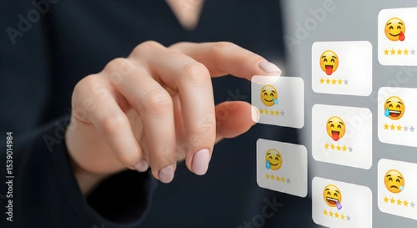 Obraz Hand selecting a feedback emoji with star rating from a digital interface screen isolated on white background, tarensparent background, png, jpg,jpeg,  on transparent background