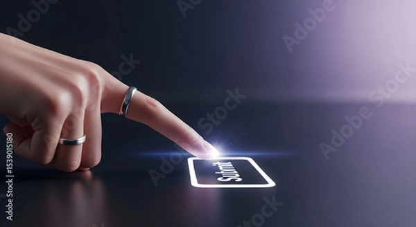 Obraz A finger pressing a glowing submit button with rings on a dark reflective surface isolated on white background, tarensparent background, png, jpg,jpeg,  on transparent background
