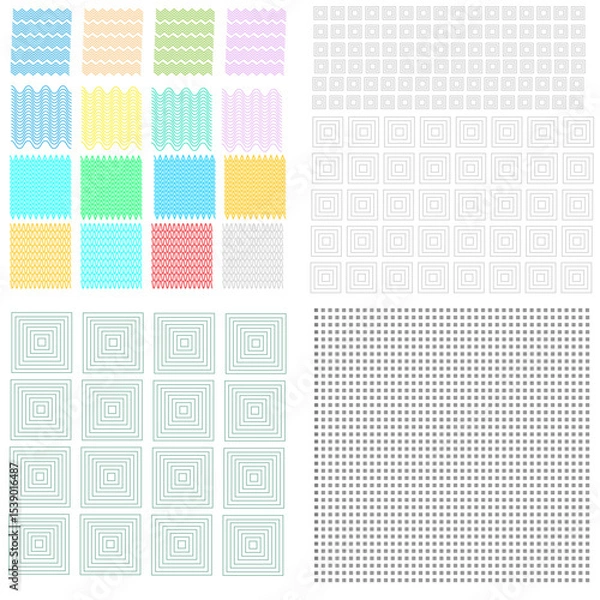 Fototapeta Collection of geometric seamless patterns with colorful waves, zigzags, squares and dots for textile design and graphic backgrounds