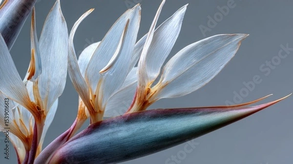 Fototapeta White Bird of Paradise: A close up studio photo bluish gray bract elegant bold sculptural.