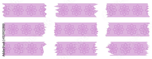 Obraz Set of pink washi tapes with pattern isolated on white. Tapes collection in vector. Pieces of decorative tape for scrapbooks. Torn paper. Spring, summer, purple