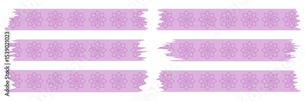 Obraz Set of pink washi tapes with pattern isolated on white. Tapes collection in vector. Pieces of decorative tape for scrapbooks. Torn paper. Spring, summer, purple