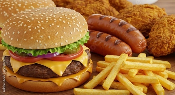 Obraz Close-up of home made tasty burger and hot dogs with fried chicken french fries