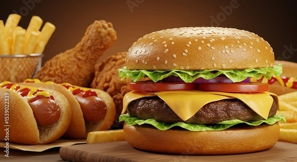 Obraz Close-up of home made tasty burger and hot dogs with fried chicken french fries
