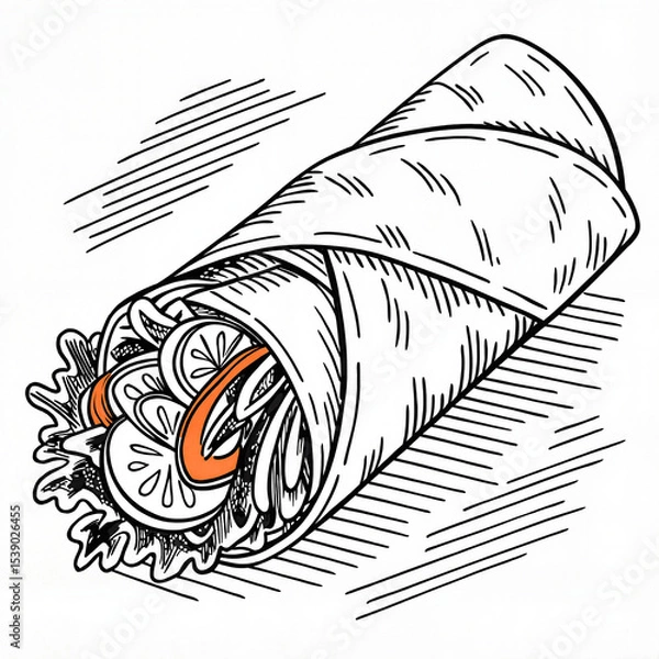 Obraz Hand-drawn wrap with lettuce and vegetables in black and white pencil style for healthy eating concepts

