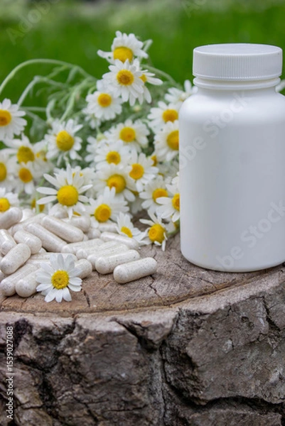 Fototapeta Chamomile Capsules and Fresh Daisies on Wooden Surface