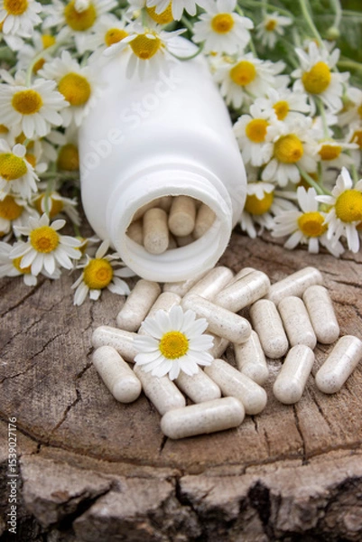 Fototapeta Chamomile Capsules and Fresh Daisies on Wooden Surface
