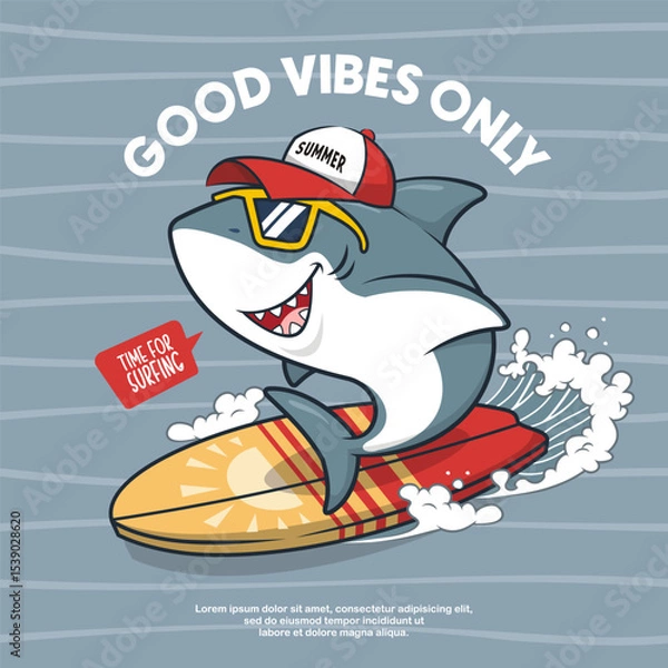 Obraz Cool Surfer Shark On Big Wave, Cartoon Illustration