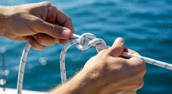 Fototapeta Hands Tying Nautical Knot on White Rope Against Blue Ocean