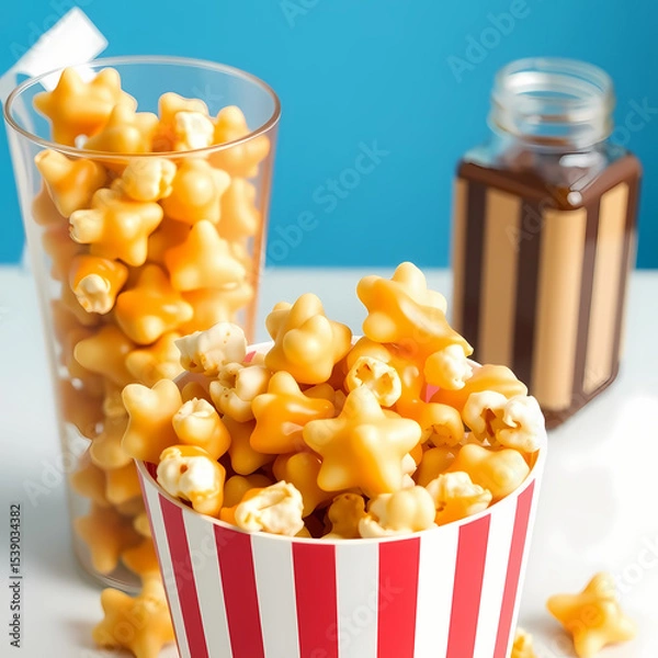 Fototapeta Sweet and crunchy caramel popcorn in a bowl on rustic background