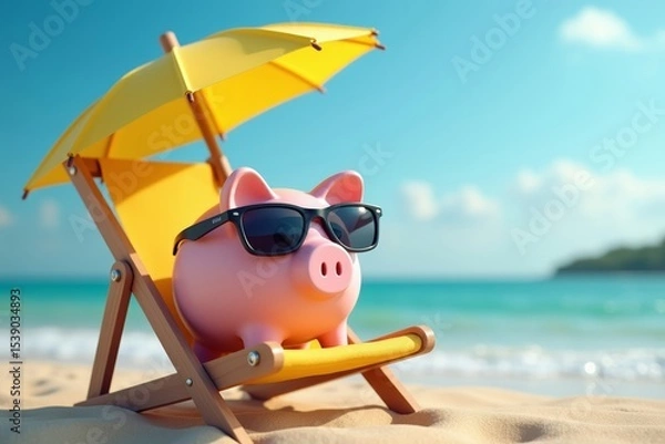 Obraz Piggy Bank Relaxing with Sunglasses and Umbrella on Beach Deck Chair