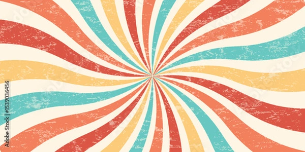 Obraz Spiral retro pattern background. Swirl groovy vector sun rays. Psychedelic radial burst with grunge texture. 70s starburst hypnotic illustration. Vintage circular abstract colorful bg