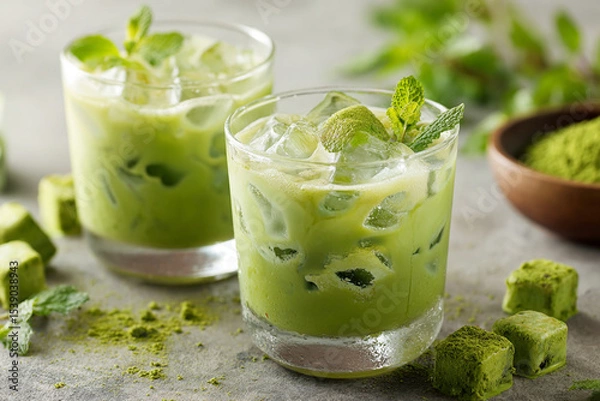 Fototapeta Ready for drink with ice matcha latte green tea . AI generative