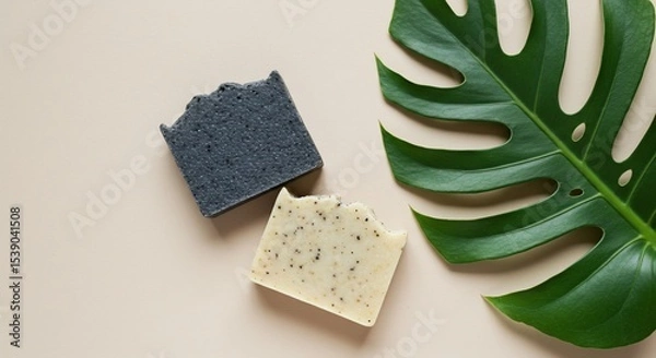 Fototapeta Artisan Charcoal and Oatmeal Soap Bars with Monstera Leaf