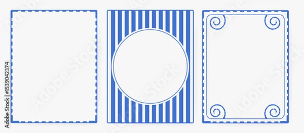 Obraz Cute coastal retro frame set with hand-drawn marine borders in blue. Minimal vintage summer style, curvy edges, groovy doodles—perfect for birthday invites, posters, and holiday decor.