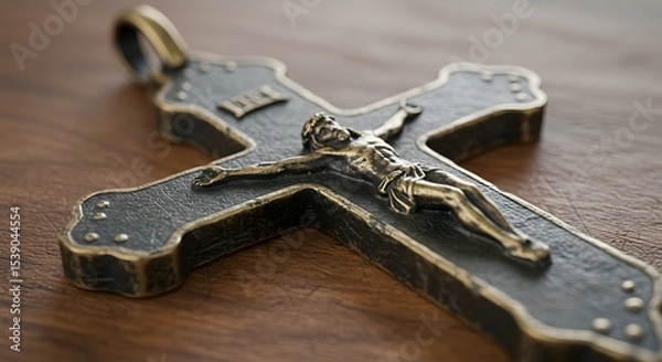 Fototapeta Close-up of a Christian crucifix pendant with aged metal texture
