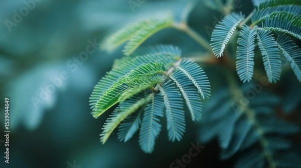 Fototapeta Mimosa pudica: A close up studio image delicate green leaflets soft natural light just before touch serene blurred background.