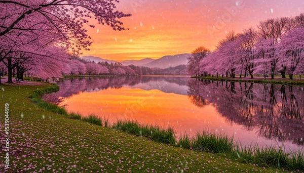 Fototapeta Serene lake with cherry blossoms and a vivid sunset reflection in a misty spring landscape