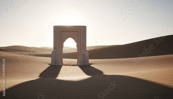 Fototapeta Monumental concrete arch in vast desert with warm dusk light and dramatic shadows