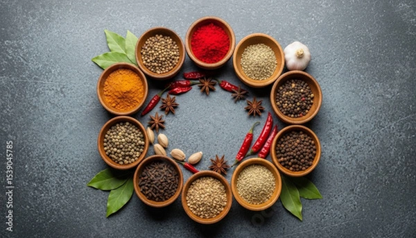 Fototapeta Circular arrangement of vibrant spices in wooden bowls on a textured stone surface with rich colors and contrasts