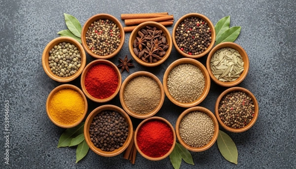Fototapeta Circular arrangement of colorful spices in wooden bowls on a textured gray stone surface