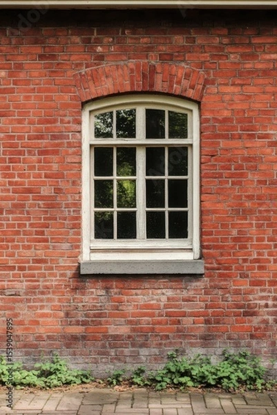 Fototapeta Rustic red brick wall features a classic window with white framed panes surrounded by green foliage in a serene outdoor setting during daylight hours