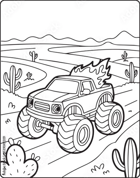 Fototapeta Beautiful cartoon monster truck on natural desert road black and white line art vector for children coloring page