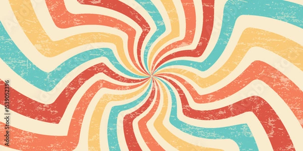 Obraz Spiral retro pattern background. Swirl groovy vector sun rays. Psychedelic radial burst with grunge texture. 70s starburst hypnotic illustration. Vintage circular abstract colorful bg