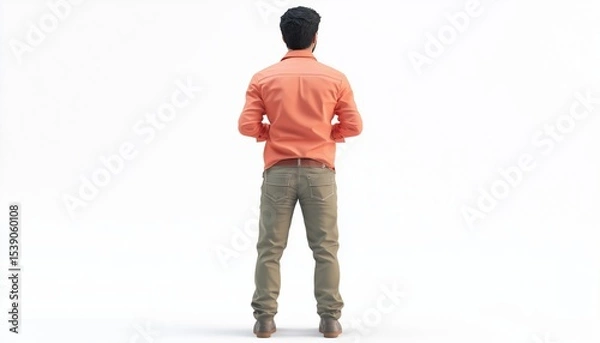 Fototapeta Indian Man Gazing Into The Distance From Behind On A White Background In Full-Length Image.