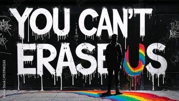Fototapeta Graffiti artwork on a gritty urban wall with bright rainbow colors and bold LGBTQ+ pride symbolism, carrying the defiant and empowering message: “YOU CAN’T ERASE US” in vivid street art style.