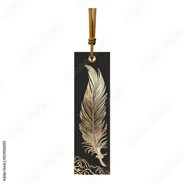 Fototapeta Etched metal bookmark with feather motif, isolated on transparent background