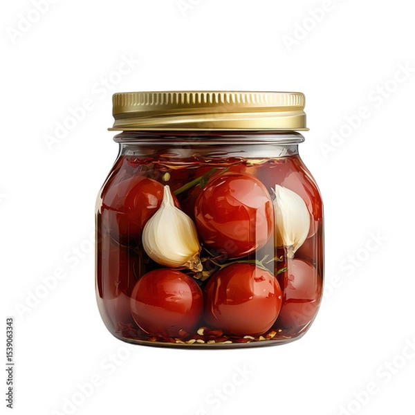 Fototapeta Jar of Marinated Cherry Tomatoes with Garlic and Herbs in Olive Oil on transparent background