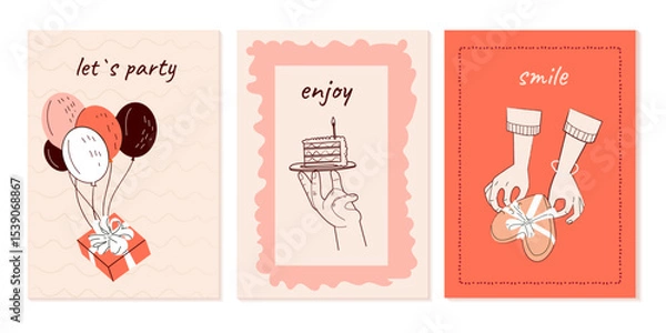 Fototapeta Set of cozy aesthetic birthday greeting cards design with cake, balloons and typography design. Minimal artistic templates. For poster, business card, invitation, flyer, banner, email header