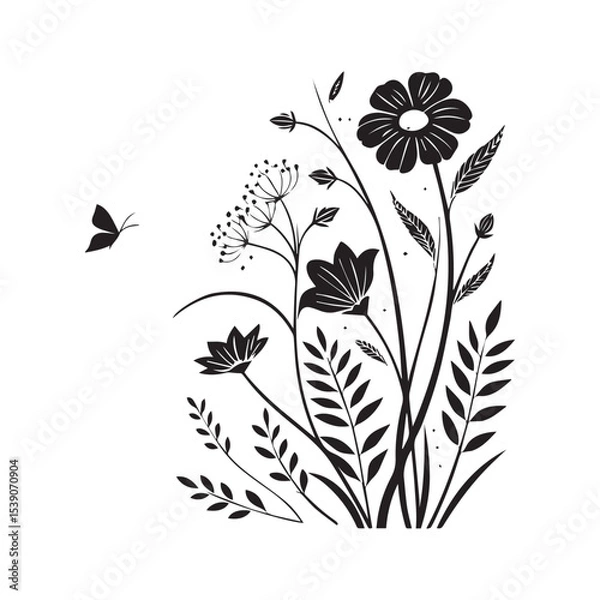Obraz Elegant Black and White Floral Design with Butterfly