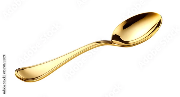 Fototapeta Isolated gold spoon on a white png background with smooth shadows. Useful for luxury branding, food, or elegant design projects. no people, silverware, cut out, dining, horizontal, shiny, restaurant.
