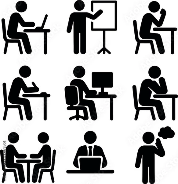 Fototapeta Black pictogram icons of workers thinking, typing, writing, and meeting. Ideal for business and productivity visuals.