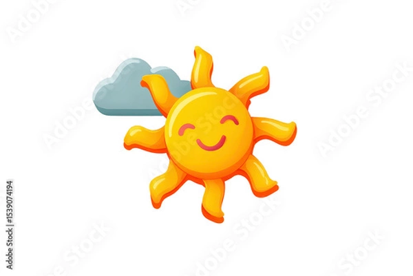 Obraz Cheerful sun with smiling face and wavy rays is accompanied by small cloud, creating playful and bright illustration