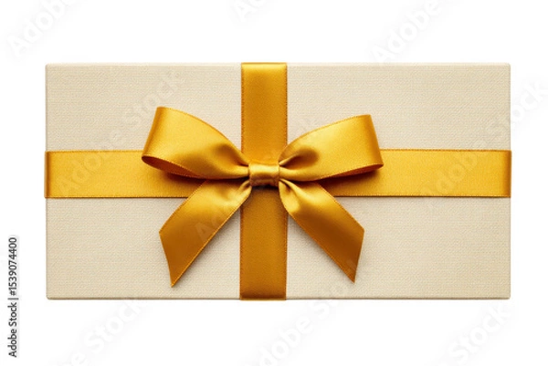 Obraz Elegant gift box with golden ribbon, perfect for special occasions like birthdays or anniversaries. box is wrapped in textured cream paper, adding touch of luxury and sophistication