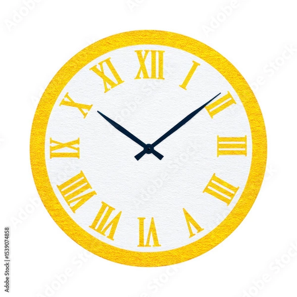 Obraz Round wall clock with yellow border and Roman numerals displays classic design. clock hands are black, contrasting with white face, creating timeless and elegant appearance