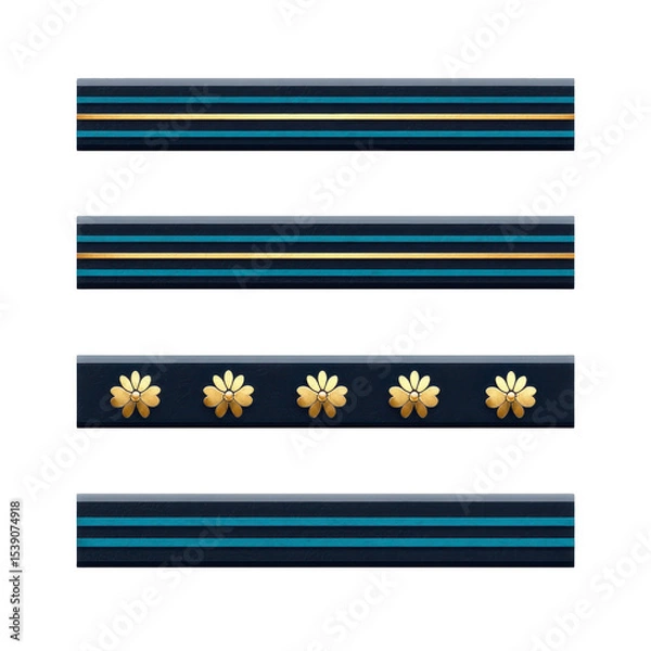 Obraz Four decorative black bars with gold and blue accents, featuring floral designs on one bar, create elegant and stylish appearance. These elements can be used for design or decoration purposes