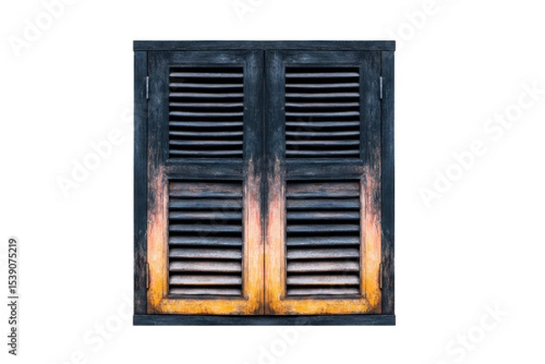 Obraz Rustic wooden window shutter with weathered appearance, featuring horizontal slats and gradient of dark blue to warm orange tones, creating vintage and cozy feel