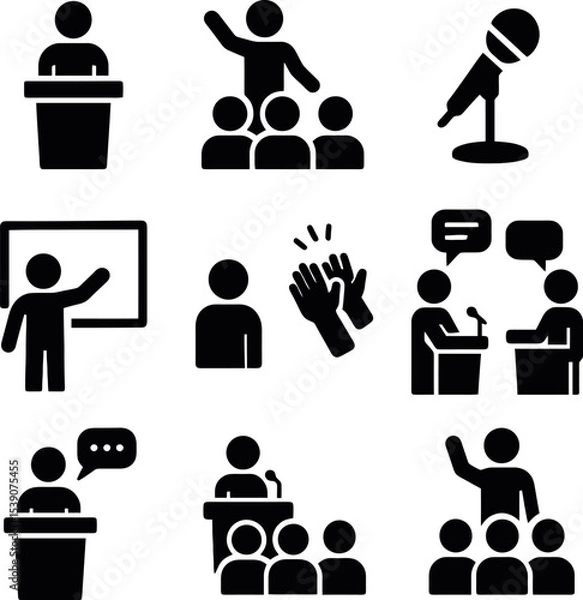 Fototapeta Silhouette icons of people giving speeches, debating, clapping, and presenting with slides.
