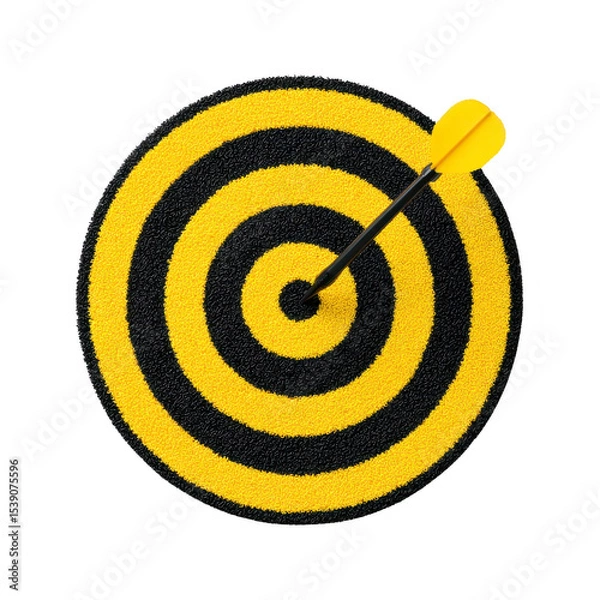 Obraz Yellow and black dartboard with dart hitting bullseye symbolizes precision and success. vibrant colors and perfect aim convey sense of achievement and focus